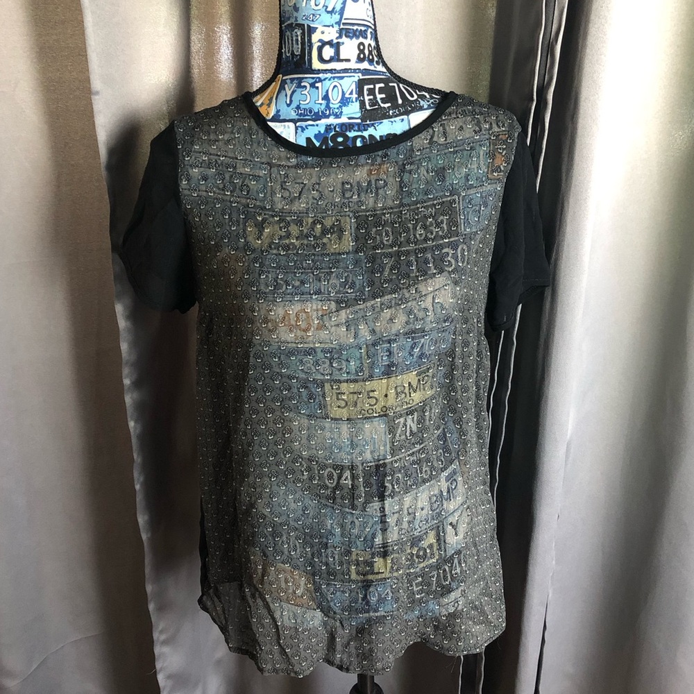 Romy Sheer Color Block Floral Short Sleeve Shirt Top